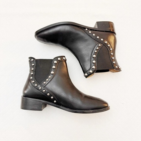 Zara Black Leather Biker Boots Silver Brad Accented Size 38 - Picture 6 of 7